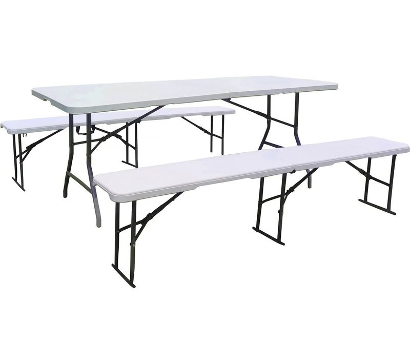 Ensemble Table De Jardin Pliante + 2 Bancs Pliants " Foldy" - Blanc