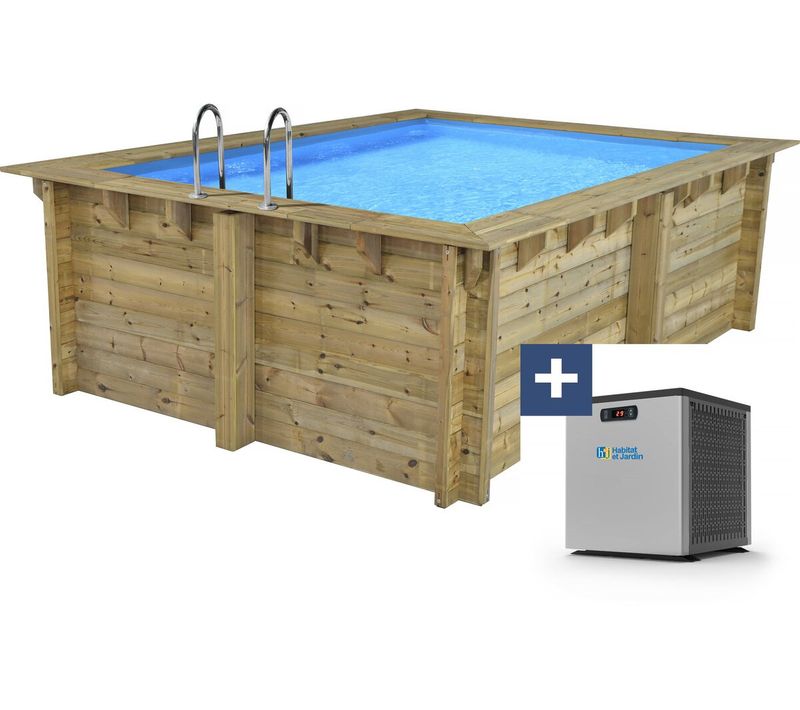 Piscine Bois Rectangle " Caimans 120 " - 4.10 X 3.00 X 1.24 M + Mini Pompe à Chaleur 3.5kw - Métal