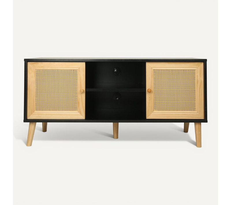 Meuble TV Scandinave En Cannage "iguane" - 120 X 30 X 56.5 Cm - Noir