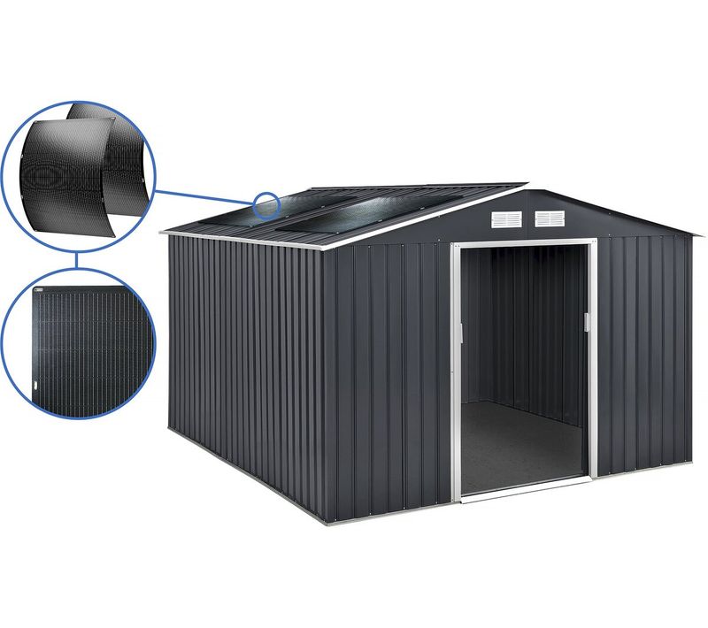 Abri De Jardin Métal - "vegas" - 12.98 M² Avec Panneaux Solaires - Gris