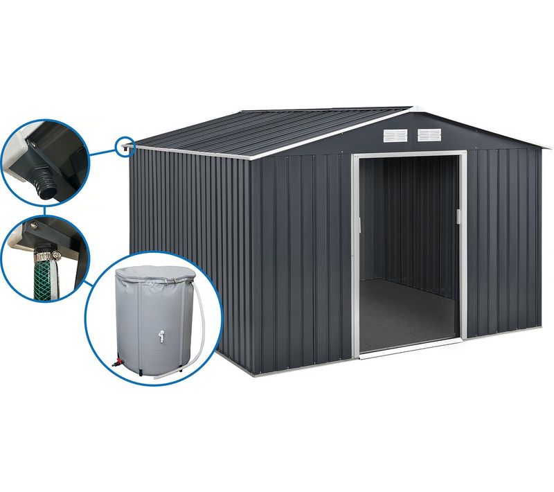 Abri De Jardin Métal - "vegas"- 12.98 M² Avec Gouttière Et Récupérateur D'eau - "vegas" - Gris