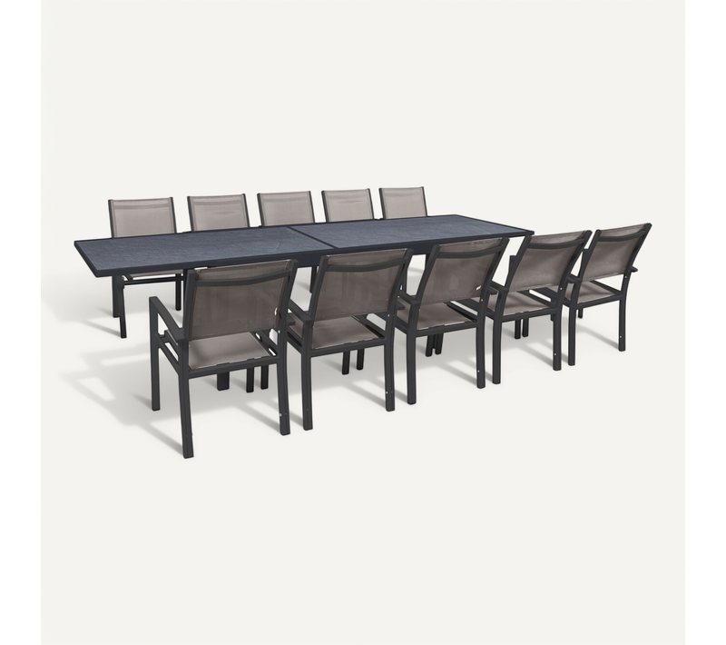 Salon De Jardin Repas Extensible "lagos" - 200/320 X 105 X 76 Cm - 10 Chaises - Taupe