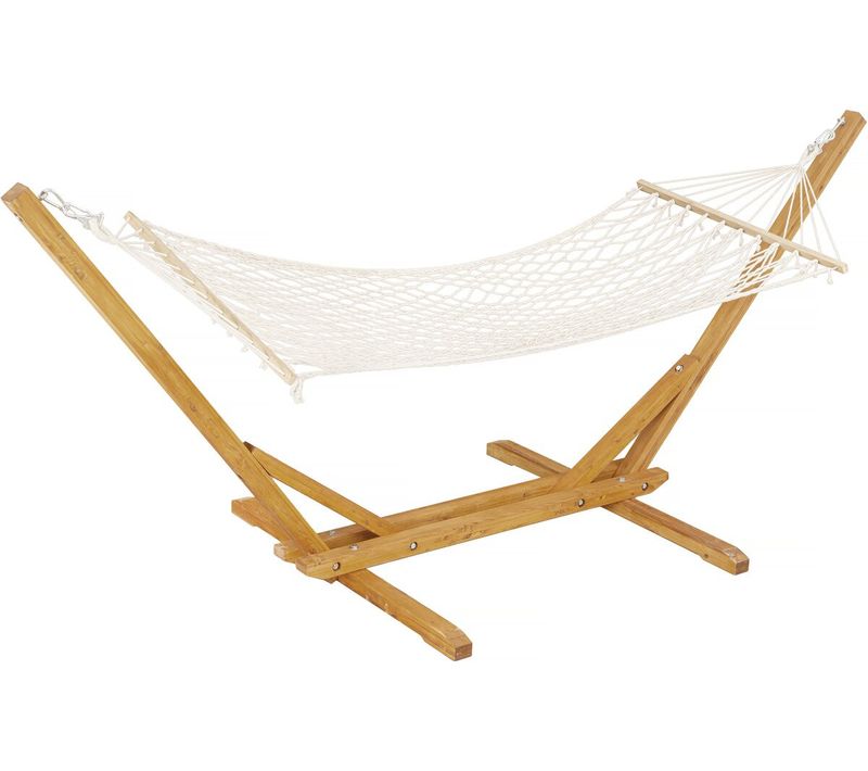 Hamac Bois Avec Toile En Macramé "dallas" - 305 X 120 X 123 Cm - Blanc