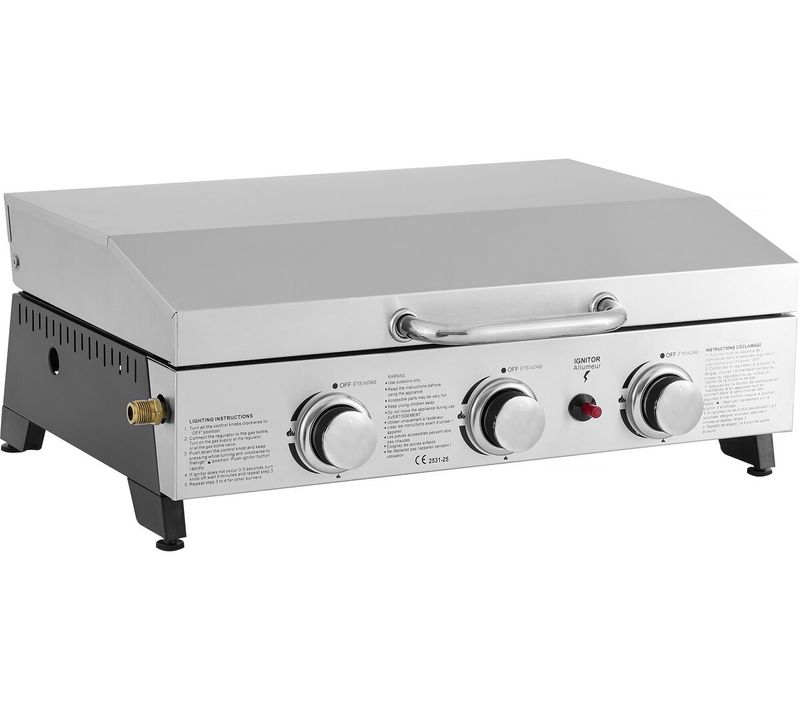 Plancha à Gaz Avec 3 Bruleurs Et Couvercle En Métal "fasto" - 7,5 Kw - Gris