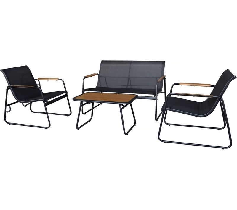 Salon De Jardin En Métal Avec Décor Imitation Bois "sparta" - 4 Places - Noir