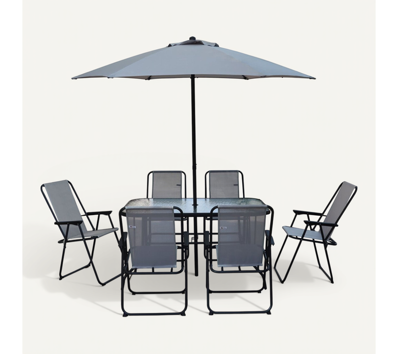 Table Et Chaises De Jardin Avec Parasol En Métal "convivia" - 6 Places - Gris Clair