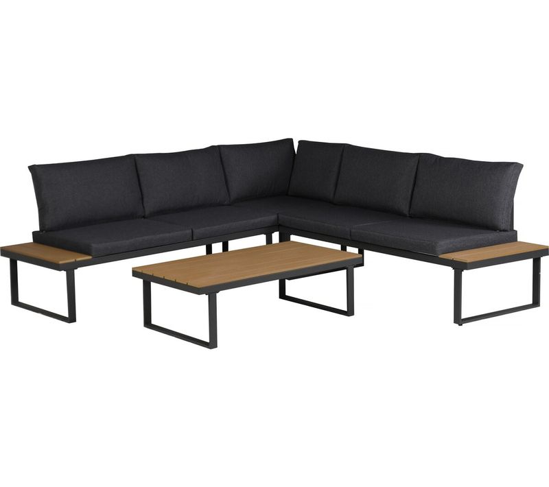 Salon De Jardin Canapé D'angle Décor Imitation Bois "fiora" - 5 Places - Gris