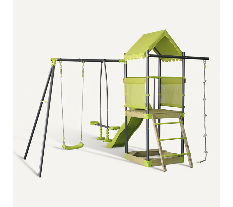 Aire De Jeu Portique En Métal Avec Toboggan Et Bac à Sable "sohane"  - Vert