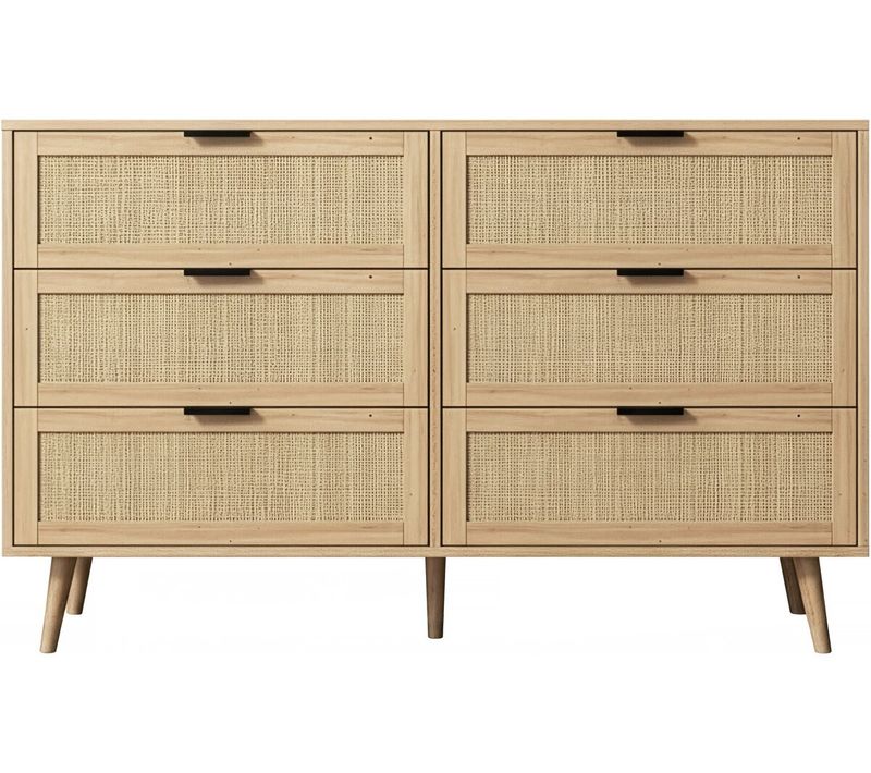 Commode En Bois Et Cannage "preston" - 120 X 40 X 75 Cm - Beige