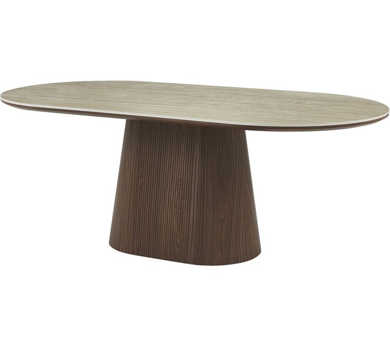 Table à Manger Ovale En Pierre Et Bois "portofino" - 8 Places - Travertin Et Marron