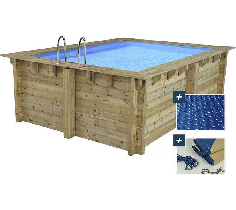 Piscine Bois Rectangle " Maldives  " - 3.20 X 3.20 X 1.24  M + Bâche à Bulles 180 Μ - Bâche Hiver 28
