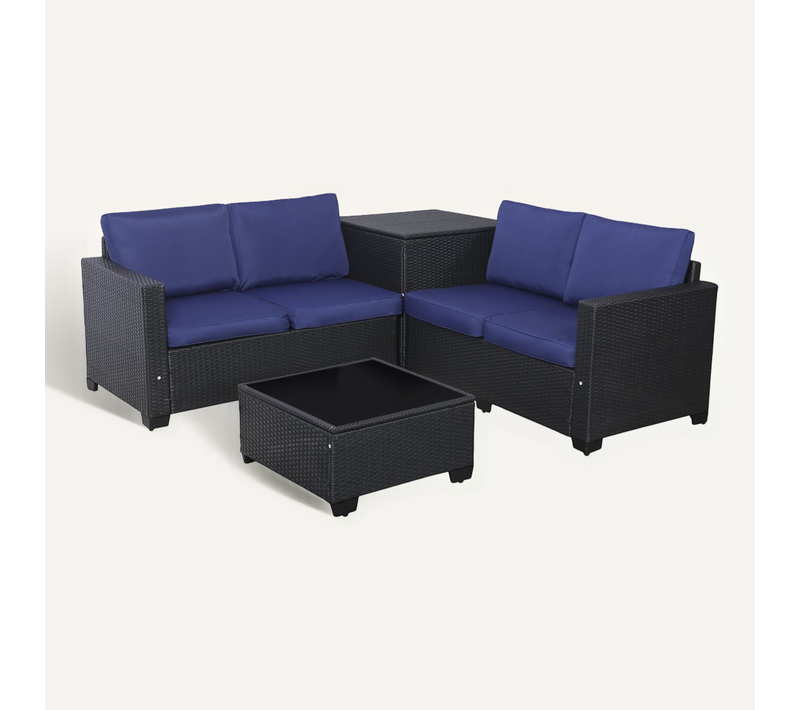 Salon De Jardin En Résine Tressée Avec Coffre De Rangement "riley" - 4 Places - Bleu Foncé