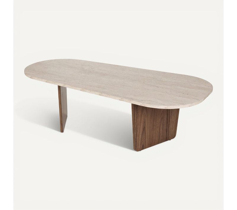 Table Basse En Bois "ovalis" - 130 X 65 X 40 Cm - Travertin / Noyer