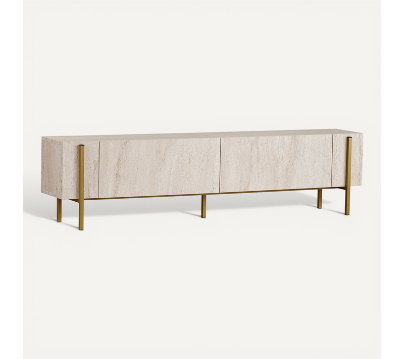 Meuble TV En Bois "nexus" - 180 X 30 X 45 Cm - Travertin / Or