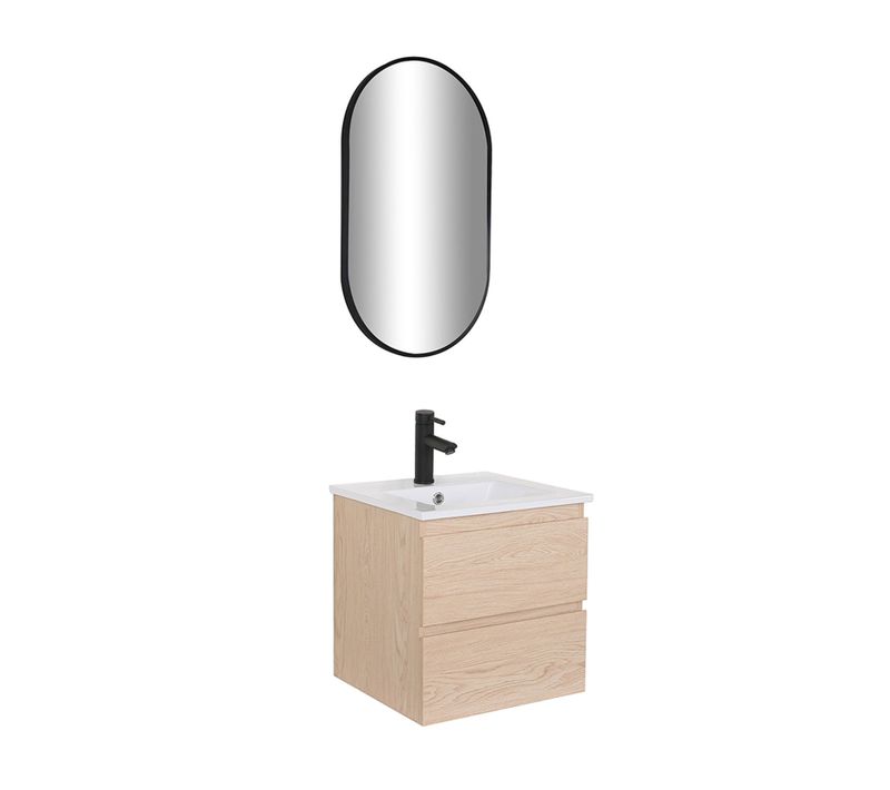 Meuble Simple Vasque 45cm Décor Chêne Sorrento + Vasque + Robinet Noir +miroir