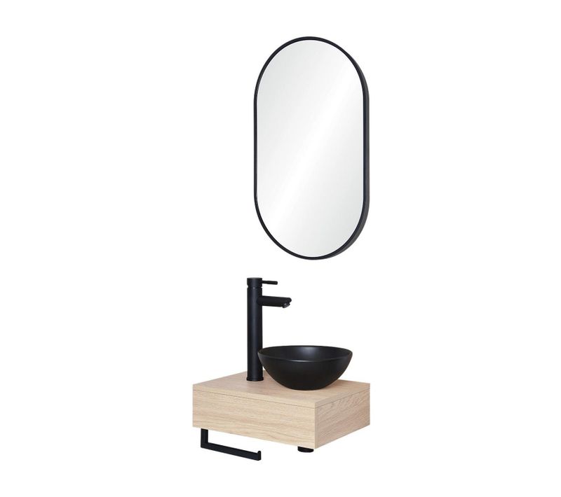 Meuble Lave-mains Soho Plan épais Vasque Noire + Robinet + Miroir