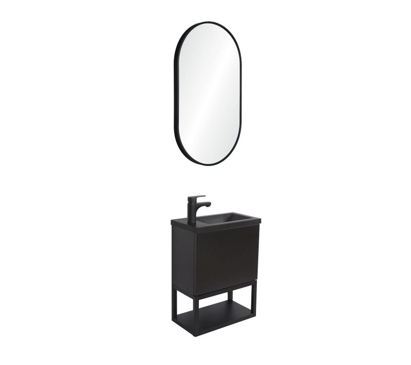 Ensemble Lave-mains Nova Métal Et Bois Avec Robinet Noir Et Miroir Ovale