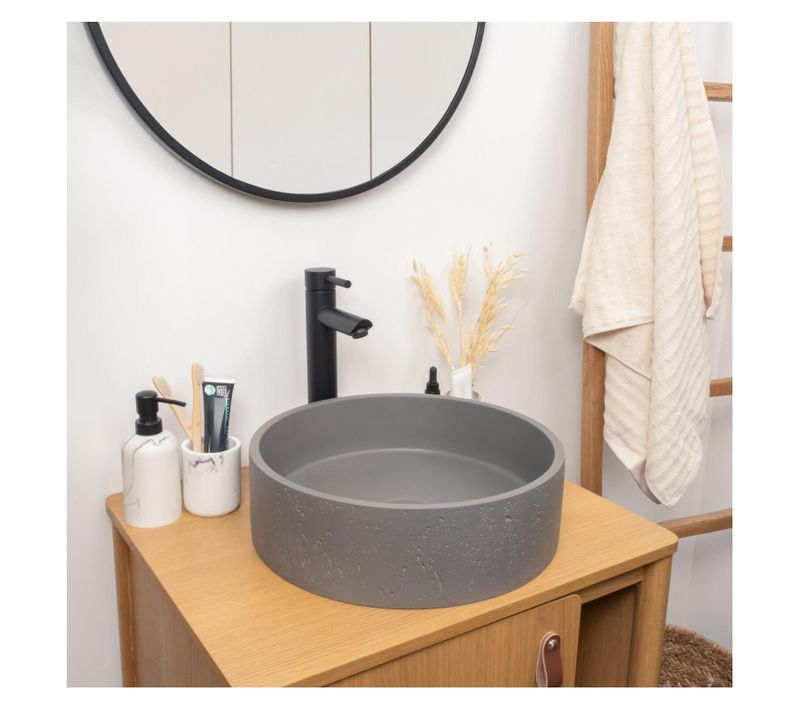 Vasque à Poser Ronde En Béton Travertin Gris 39cm