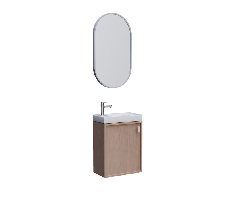 Ensemble Meuble Lave-mains Décor Chêne Frame + Robinet + Miroir