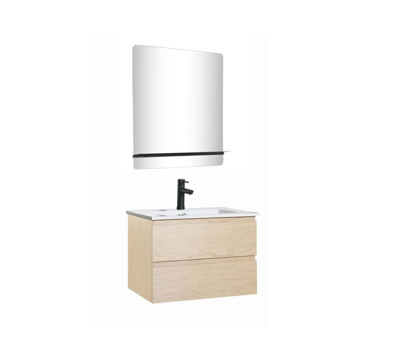 Meuble Simple Vasque 60cm Sorrento Chêne+vasque Noire+robinet+miroir Rectangle