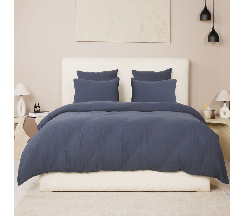Parure De Lit 220x240 Cm Gaze De Coton Lavé Bleu Pétrole
