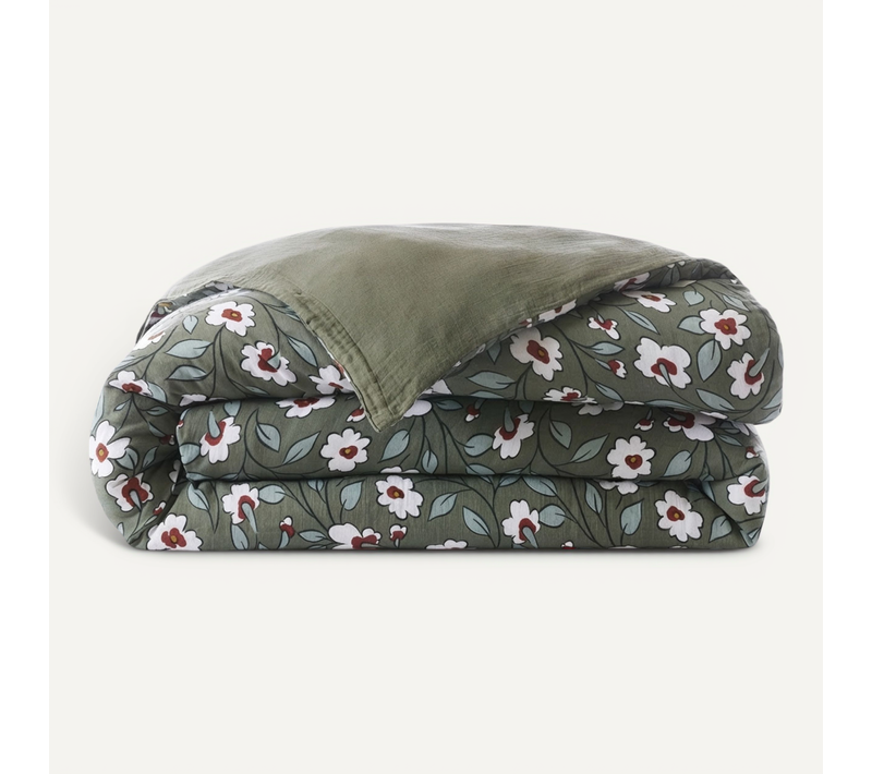 Housse De Couette Reversible 240x260 Cm Gaze De Coton Azalée Romarin