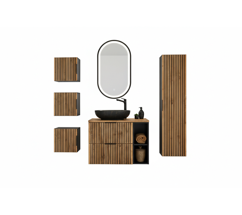 Ensemble Meubles 80 Cm - Vasque à Poser - Cubes Colonne - Miroir LED - Wotania