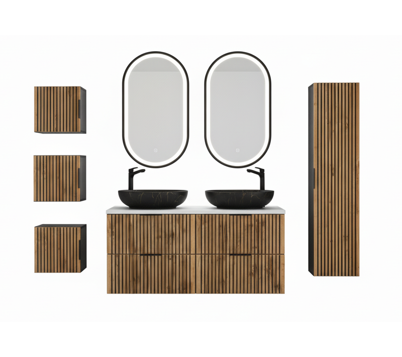 Ensemble Meubles 120 Cm - Vasques à Poser - Cubes Colonne - Miroirs LED - Wotania
