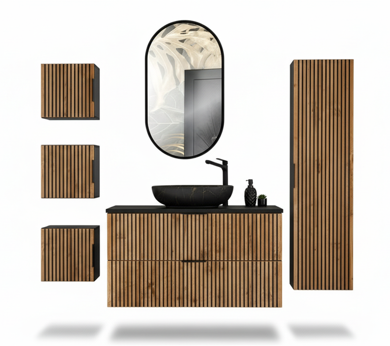 Ensemble Meubles 100 Cm - Vasque à Poser - Cubes Colonne - Miroir LED - Wotania