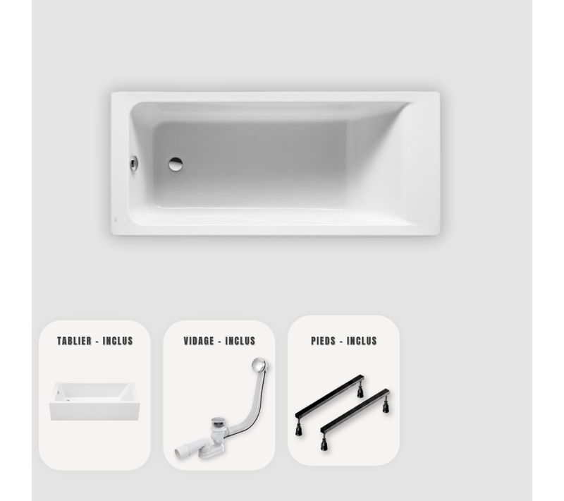 Baignoire Rectangulaire Blanche Modan 160x70 Cm - Avec Tablier - Vidage Chrome + 4 Pieds Réglables