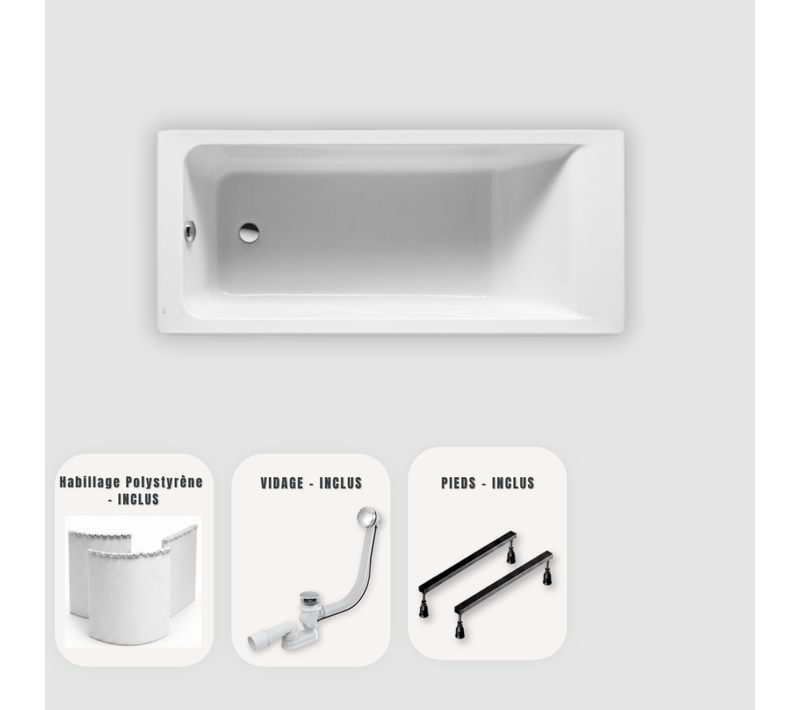 Baignoire Rectangulaire - 180 X 80 Cm - Avec Habillage - Pieds - Vidage Chrome - Modern