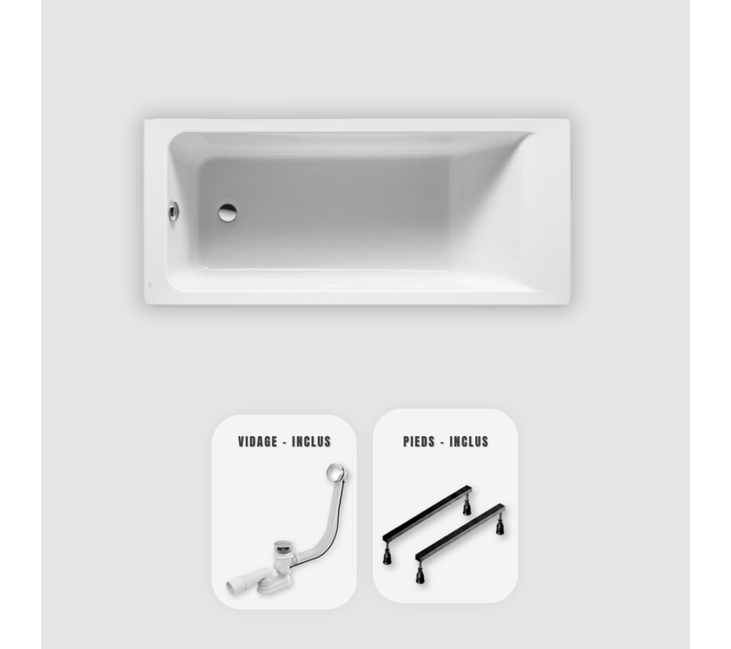 Baignoire Rectangulaire Blanche Modan 160x70 Cm - Sans Tablier - Vidage Chrome + 4 Pieds Réglables