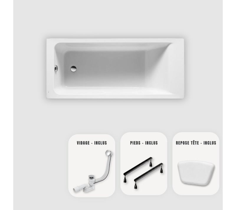 Baignoire rectangulaire - 170 x 70 cm - sans habillage - pieds - vidage Chrome - MODERN