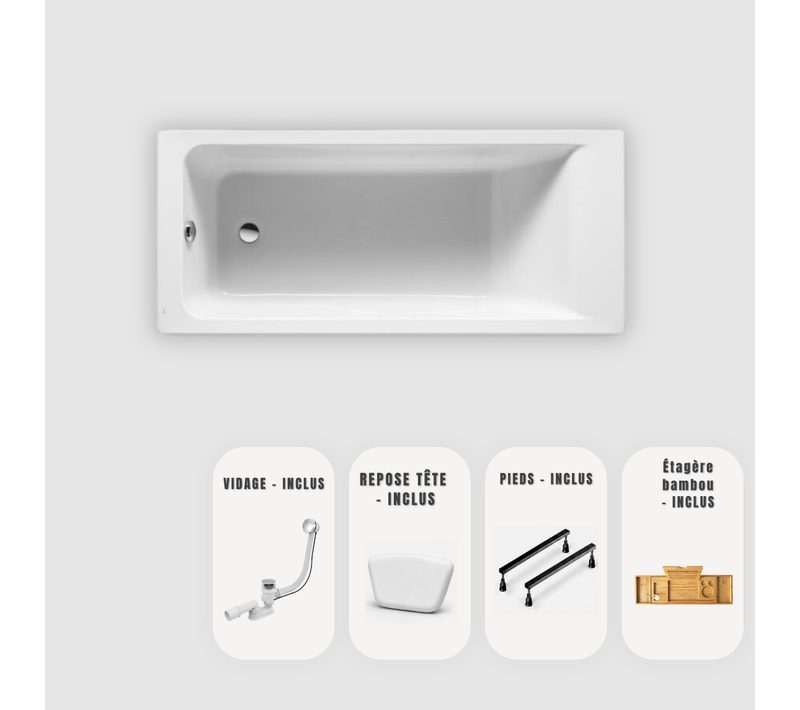 Baignoire rectangulaire - 160 x 70 cm - sans habillage - pieds - vidage Chrome - MODERN