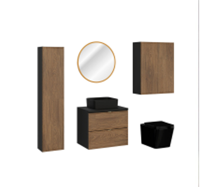 Ensemble De Meubles Sous Vasque - 60 Cm - Avec Plan - Vasque - Colonnes - Miroir LED - Wc - Mörk