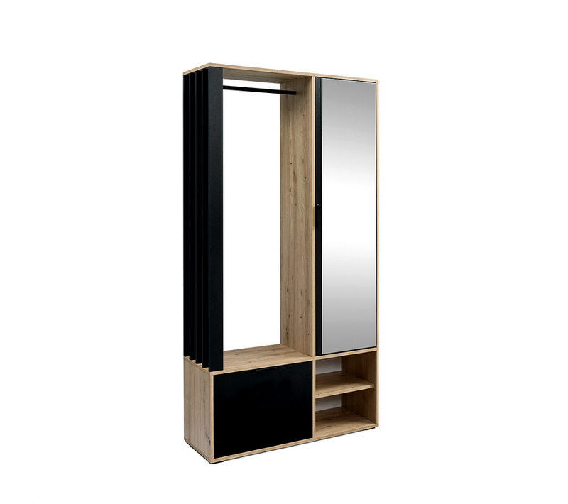 Meuble D’entrée Complet - Avec Penderie, Étagères Chaussures Et Miroir - Mino - Chêne Noir