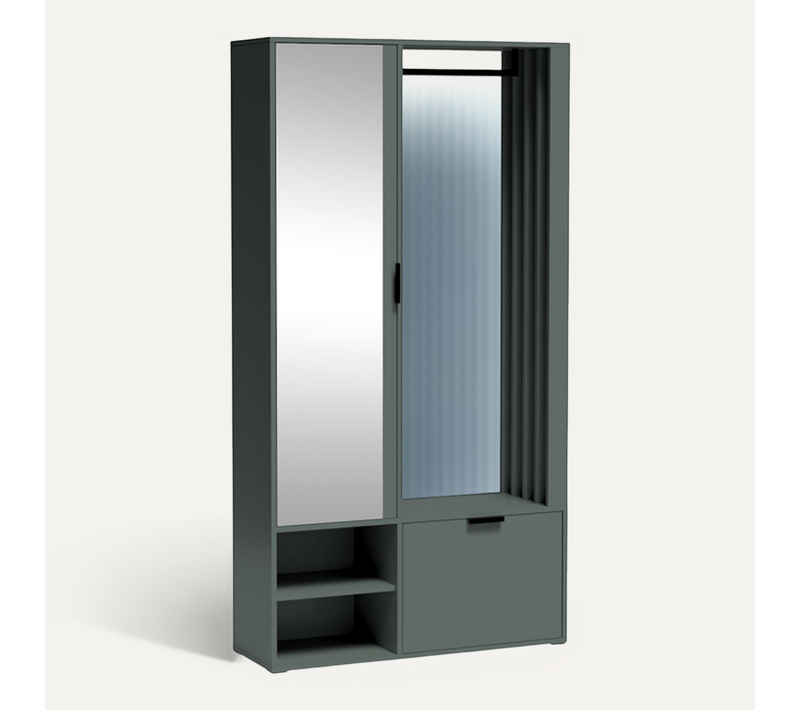 Meuble D’entrée Complet - Avec Penderie, Étagères Chaussures Et Miroir - Mino Uni - Vert