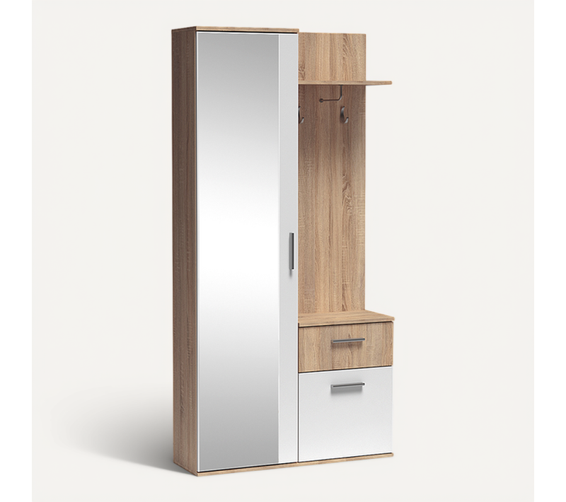 Meuble D’entrée Complet - Avec Penderie, Étagères Chaussures Et Miroir - Luxa - Truffe Blanc