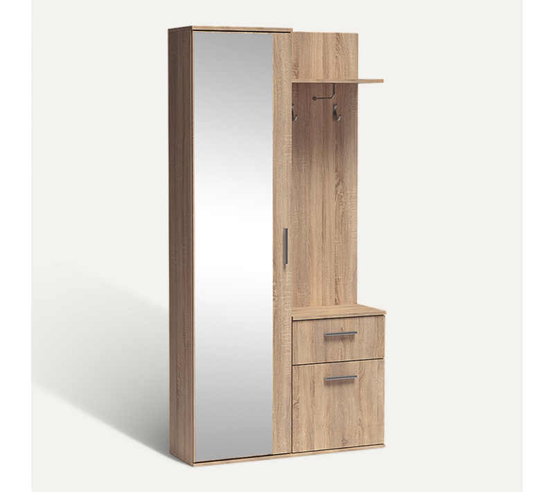 Meuble D’entrée Complet - Avec Penderie, Étagères Chaussures Et Miroir - Luxa - Sonoma Blanc