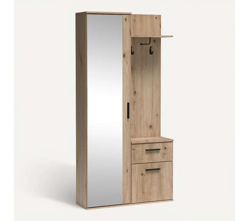 Meuble D’entrée Complet - Avec Penderie, Étagères Chaussures Et Miroir - Luxa - Chêne Noir