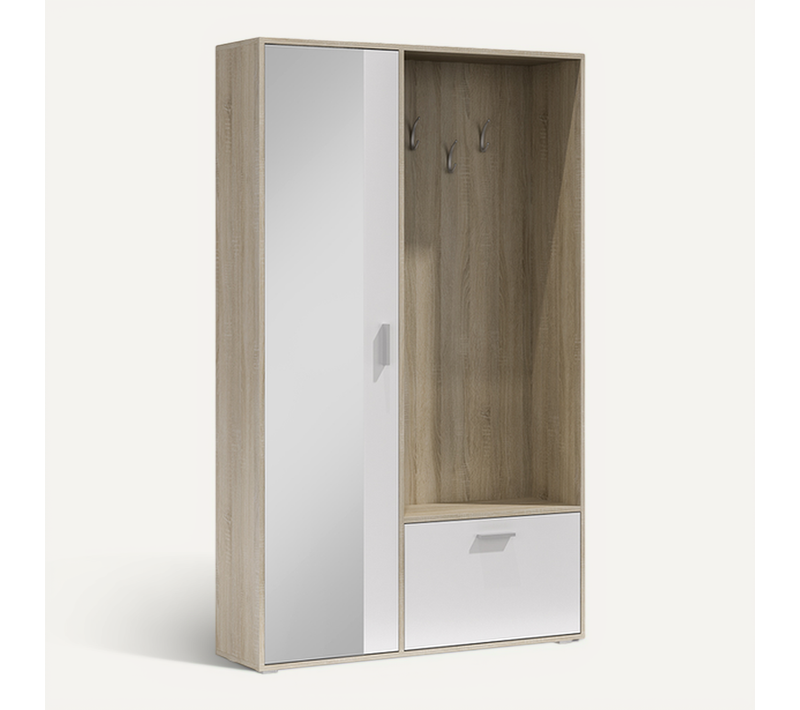 Meuble D’entrée Complet - Avec Penderie, Étagères Chaussures Et Miroir - Bisso - Chêne Blanc