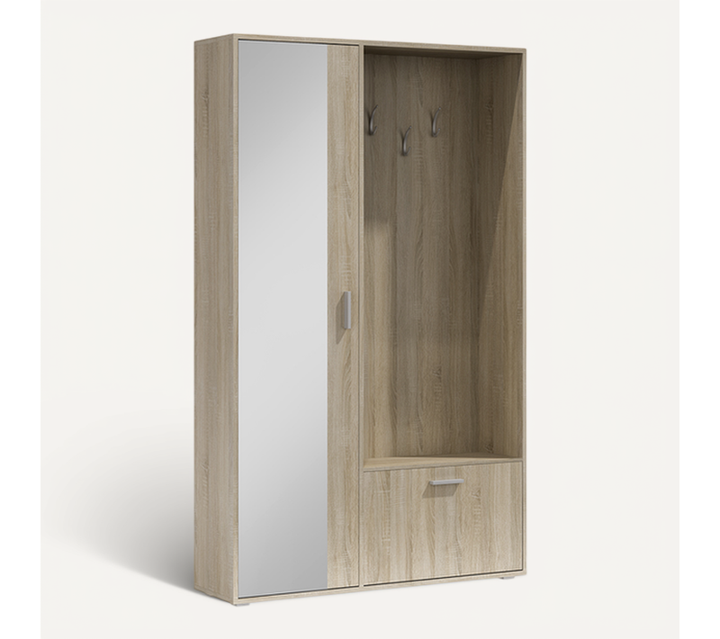Meuble D’entrée Complet - Avec Penderie, Étagères Chaussures Et Miroir - Bisso - Chêne Sonoma