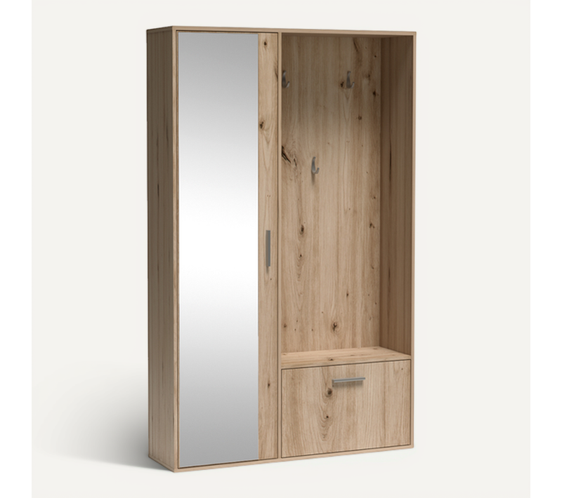 Meuble D’entrée Complet - Avec Penderie, Étagères Chaussures Et Miroir - Bisso - Bois Clair