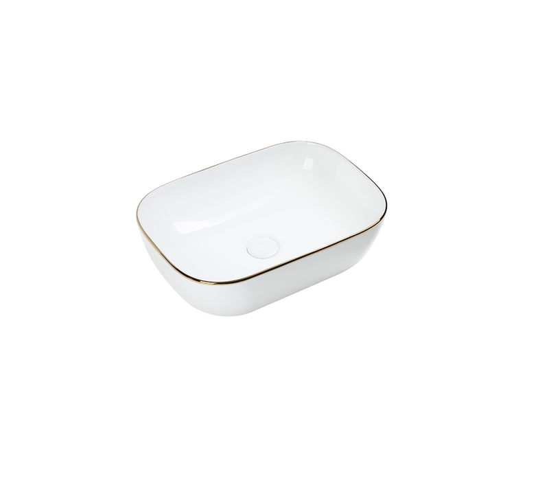 Vasque à Poser Rectangulaire – 45,5 X 32 Cm – Blanc Brillant Détail Or – Elvina