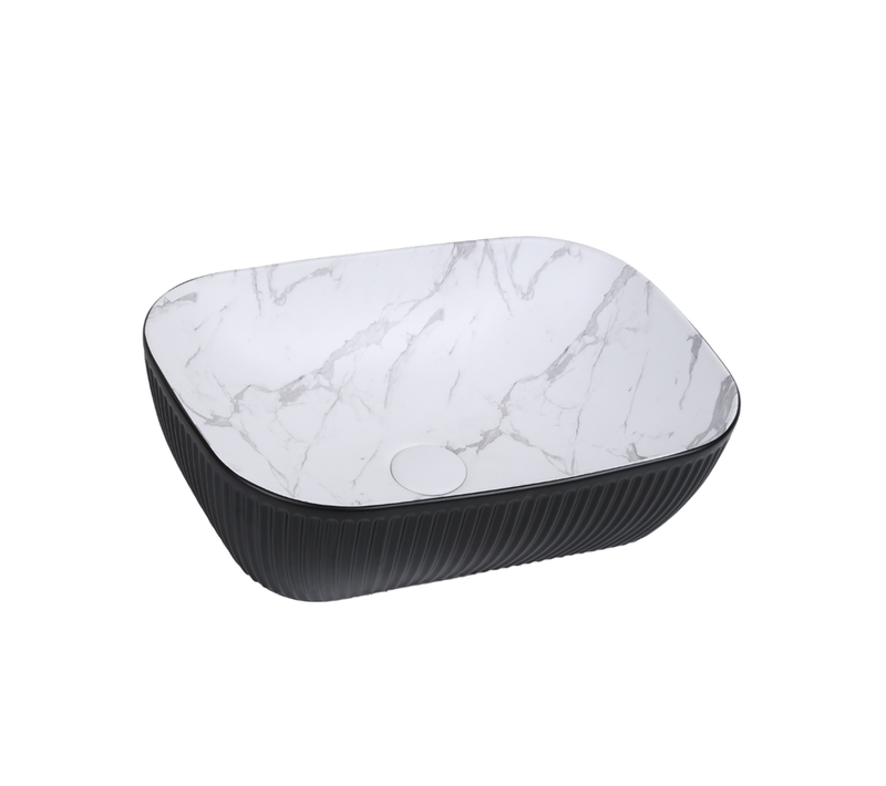 Vasque à Poser Rectangulaire – 47 X 33,5 Cm – Noir Et Blanc Marbré – Velora