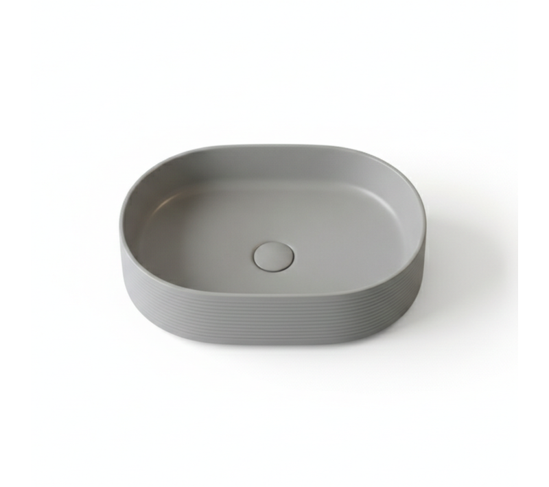Vasque à Poser Ovale – 60 X 38 Cm – Gris Et Blanc Rainurée – Mirea