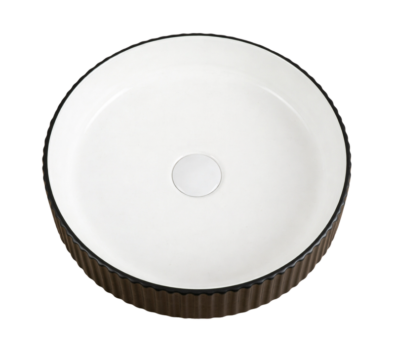 Vasque à Poser Ronde – 40 Cm – Blanc Et Noir Rainurée – Kavio