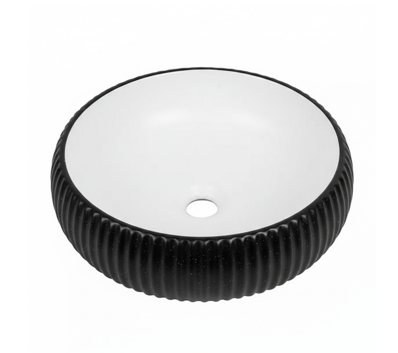 Vasque à Poser Ronde – 42 Cm – Blanc Et Noir Rainurée – Kavio