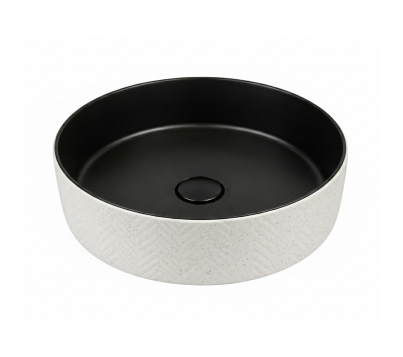 Vasque à Poser Ronde – 36 Cm – Gris Et Blanc Effet Pierre – Kaleo