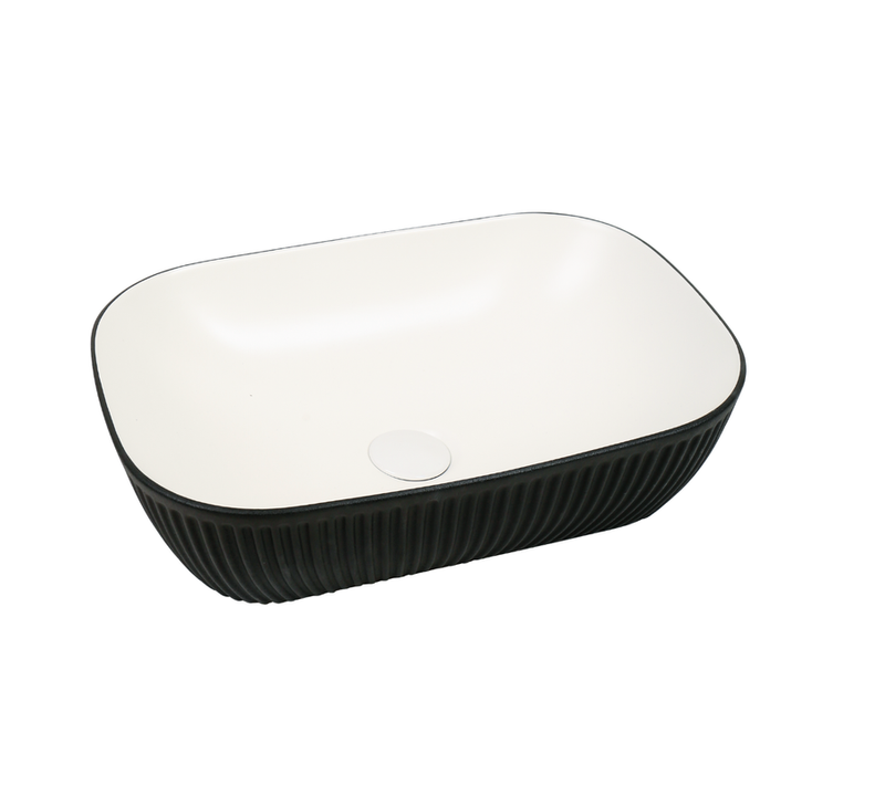 Vasque à Poser Rainurée – 47 X 33 Cm – Blanc Et Noir Brillant Rainuré – Kavya